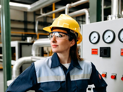 Jobs in Leoben - Anlagentechnikerin steht in Produktionshalle.