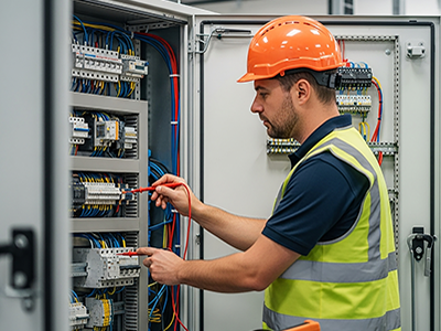 Jobs in Leoben - Betriebselektriker überprüft Schaltschrank mit Messgerät.