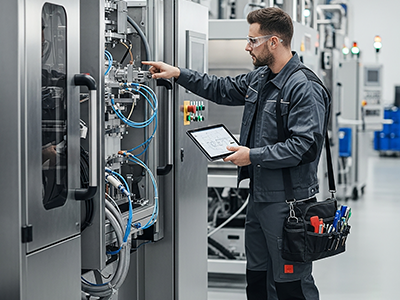 Jobs in Leoben - Instandhaltungstechniker prüft Maschine in heller Werkhalle.