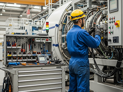 Jobs in Leoben - Techniker für Instandhaltung überprüft Maschine in heller Produktionshalle.