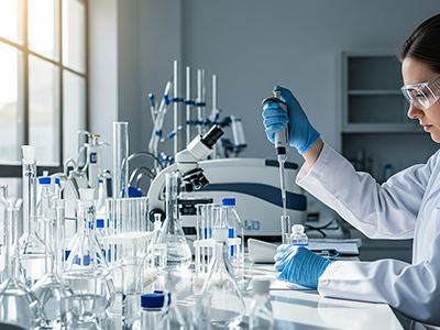 Job in Leoben - Laborantin arbeitet mit Pipette und Reagenzgläsern in hellem Labor.