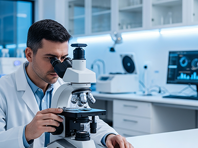 Jobs in Leoben - Laborant blickt durch Mikroskop in modernem Labor.