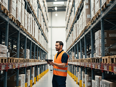 Jobs in Leoben - Lagermitarbeiter scannt Ware zwischen hohen Regalen in Logistikhalle.