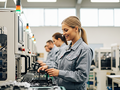 Jobs in Leoben - Produktionsmitarbeiterin in heller Werkhalle.