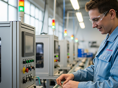 Produktionshelfer arbeitet in heller Produktionshalle.