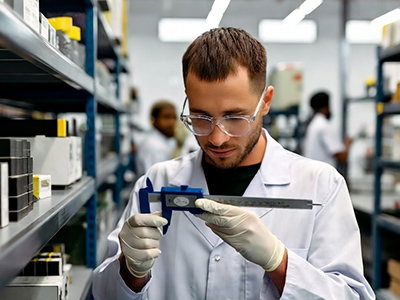 Jobs in Leoben - Mitarbeiter der Qualitätskontrolle prüft Bauteile mit Messschieber.